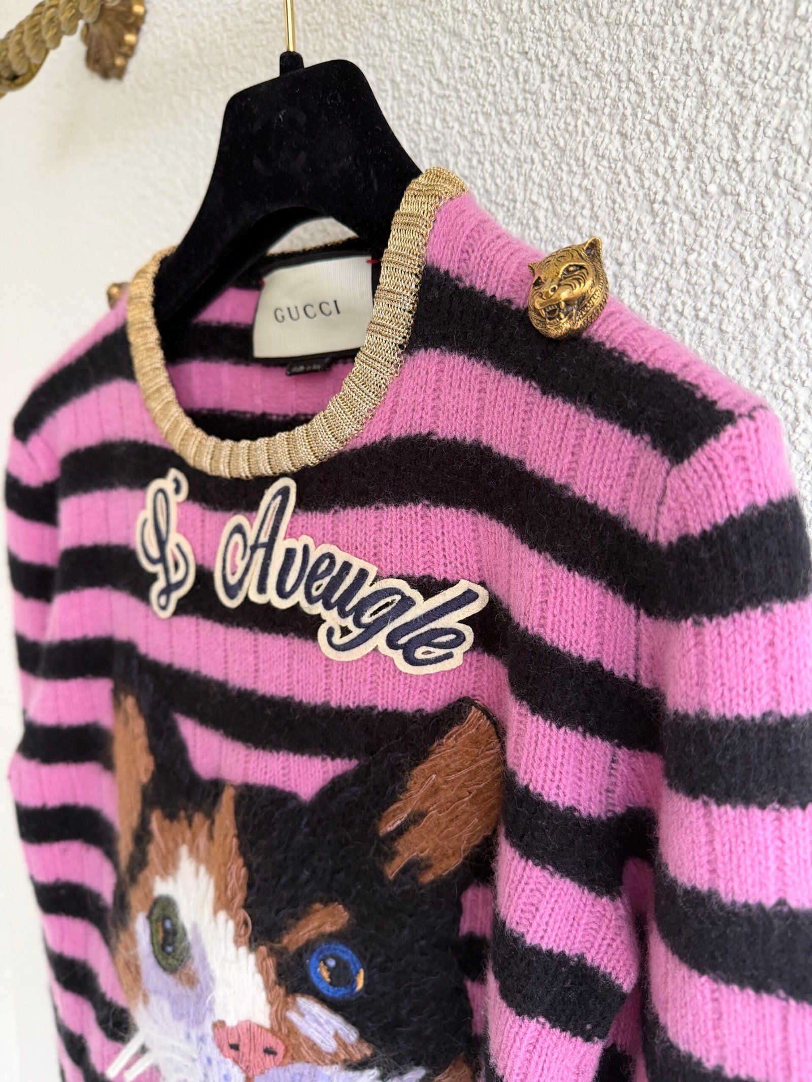 Gucci Cat Motif Striped Cashmere Jumper - Görsel 4