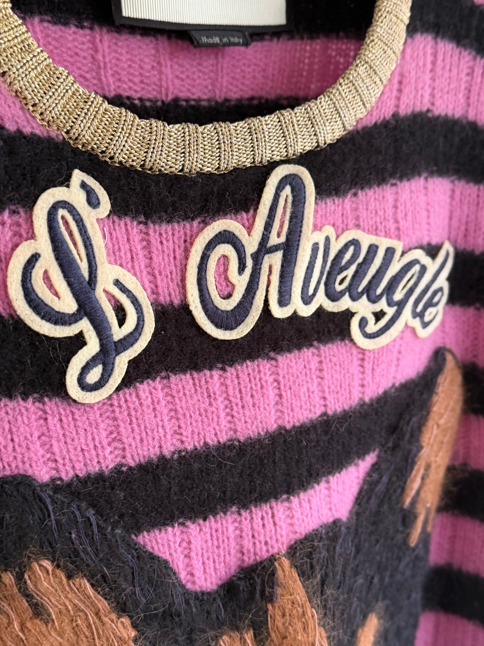 Gucci Cat Motif Striped Cashmere Jumper - Görsel 7