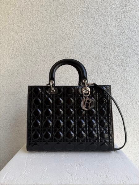 Christian Dior Large Black Lady Dior Patent Leather Bag