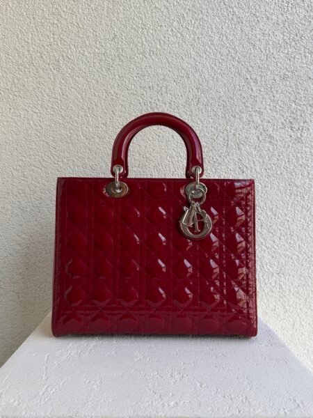 Christian Dior Large Red Lady Dior Patent Leather Bag