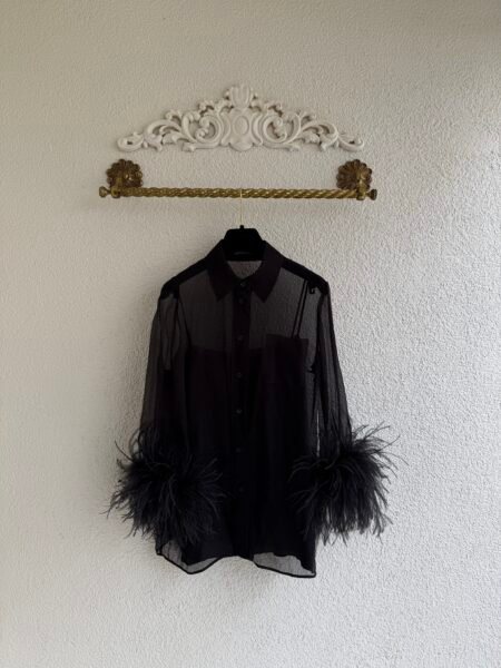 Prada Ostrich Feather Trim Silk Blouse