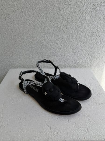 Chanel Metallic Tweed and Ankle Leather CC Camellia Flat Sandal