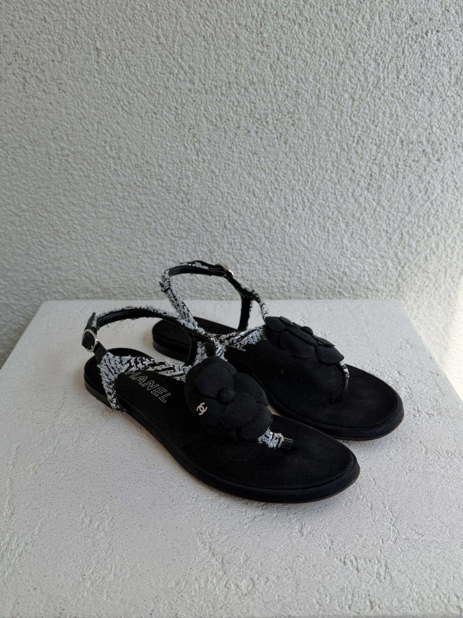 Chanel Metallic Tweed and Ankle Leather CC Camellia Flat Sandal