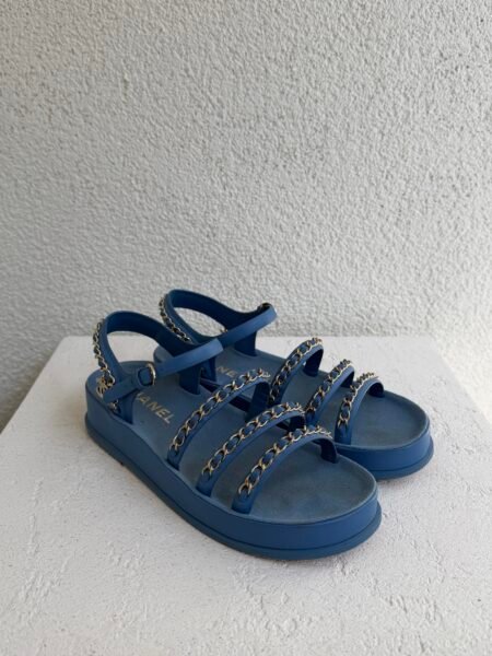 Chanel Blue Leather CC Chain Link Ankle Strap Sandal