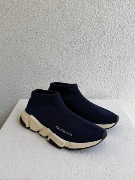 Balenciaga Navy Blue Shimmery Knit Fabric Speed Trainer Sneakers