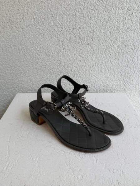 Chanel Gray Quilted Leather Chain Strap Sandals