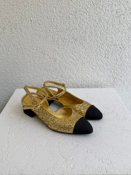 Chanel CC Logo Glitter and Grossgrain Cap Toe Slingback Pumps