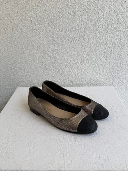 Chanel Metallic Gold Glitter Suede CC Cap Toe Ballet Flat