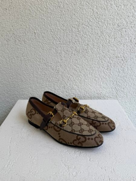 Gucci GG Logo Canvas Leather Strap Loafers
