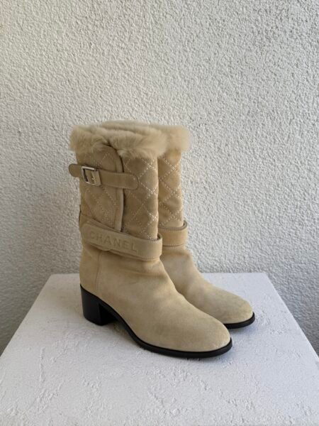 Chanel Logo Suede Beige Fur Boots