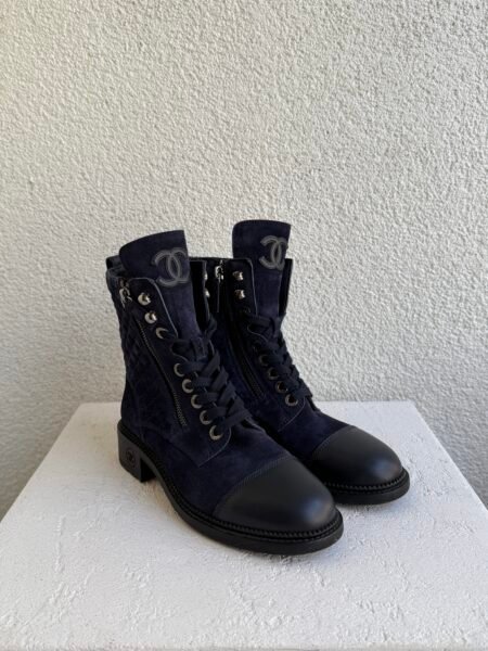 Chanel Suede Quilted CC Lace Up Combat Boots