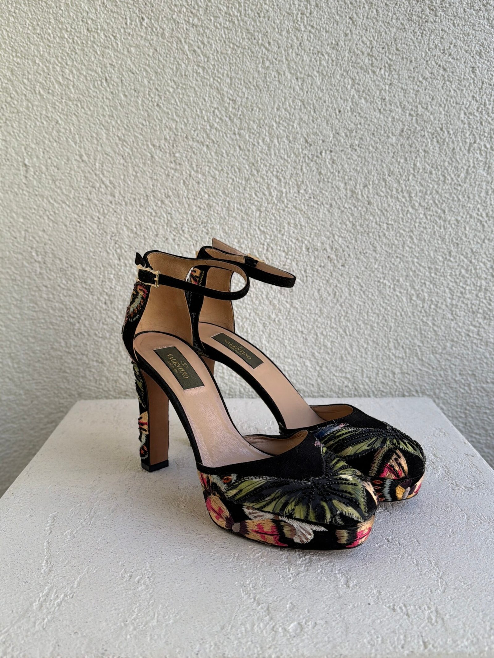 Valentino Camubutterfly Emboidered Suede Ankle Strap Platform Pumps