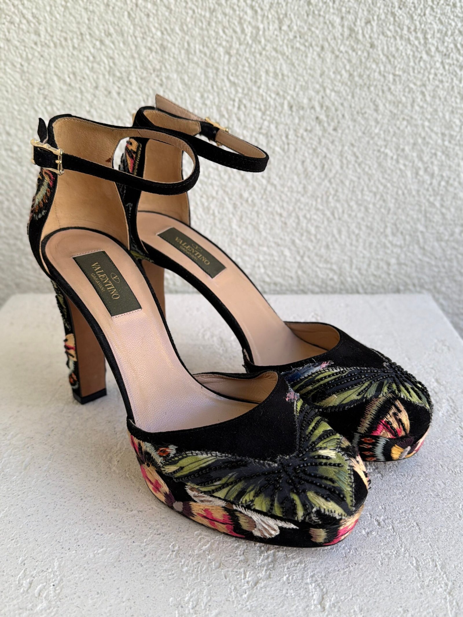 Valentino Camubutterfly Emboidered Suede Ankle Strap Platform Pumps - Image 2
