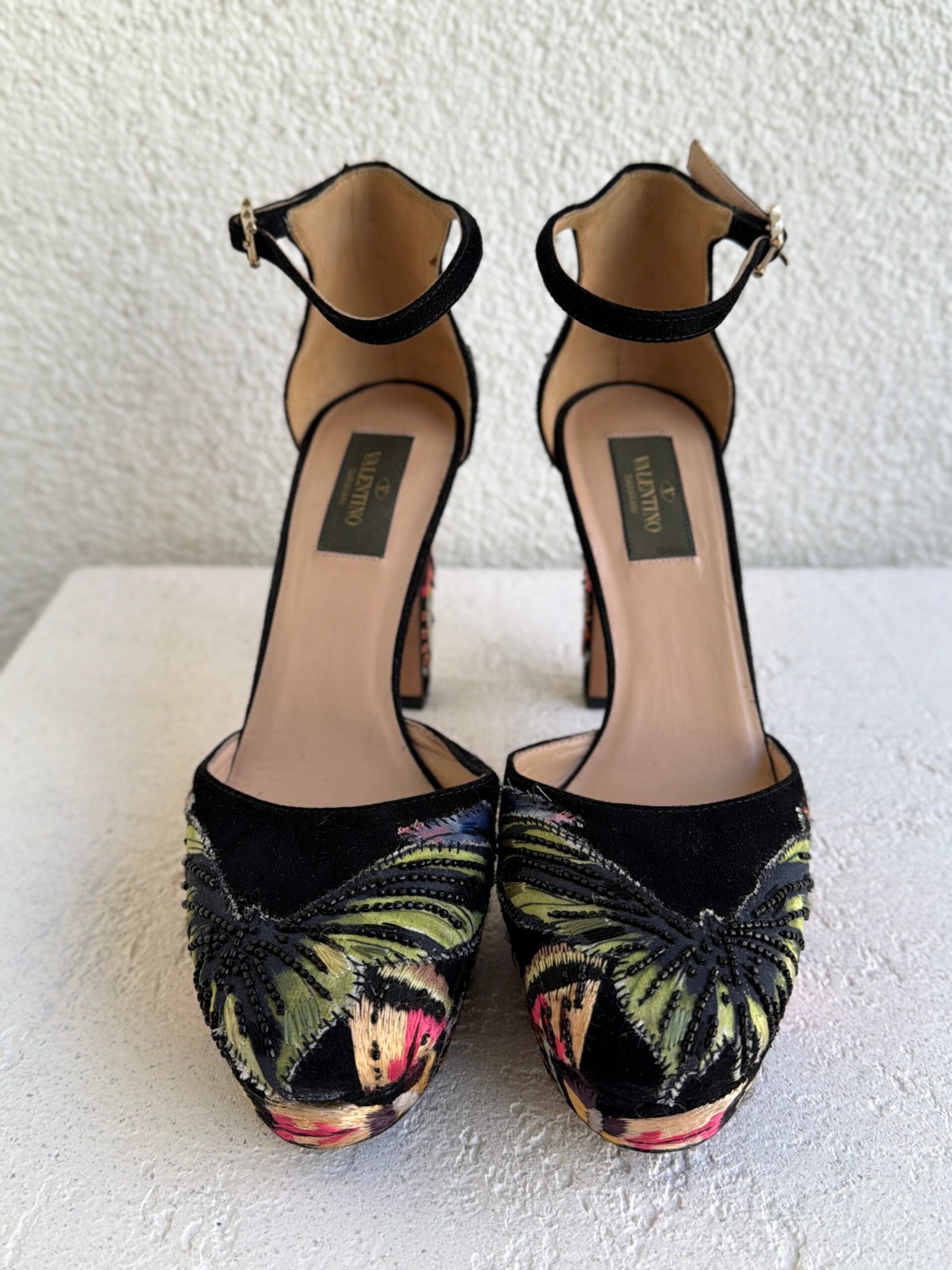 Valentino Camubutterfly Emboidered Suede Ankle Strap Platform Pumps - Image 4