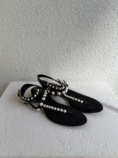 Chanel Black Leather Faux-Pearl Embellished Double Strap Thong Sandals