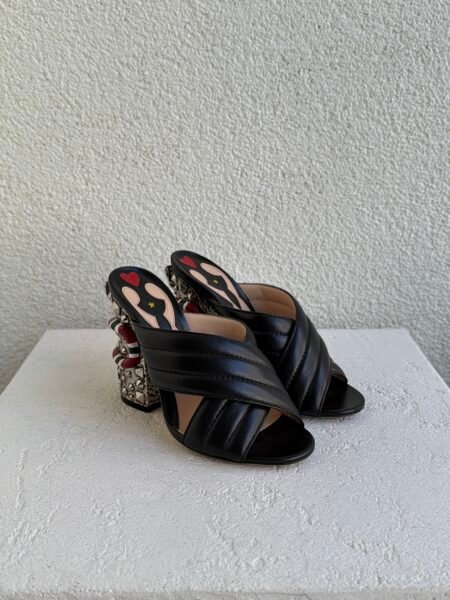 Gucci Black Leather Webby Snake Heel Sandals