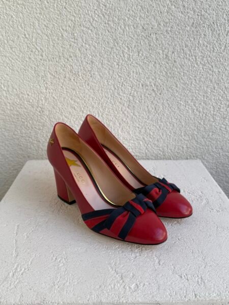 Gucci Red Leather Web Bow Block Heel Pumps