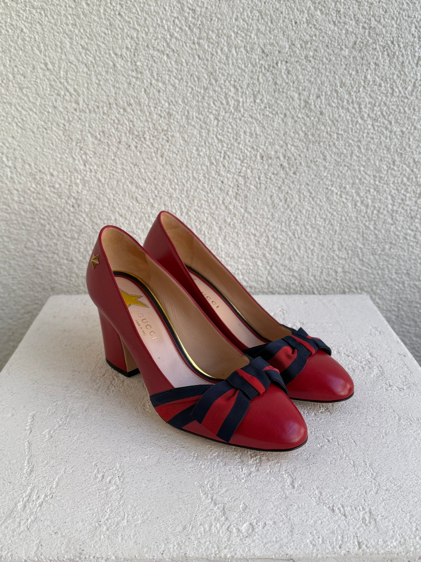 Gucci Red Leather Web Bow Block Heel Pumps