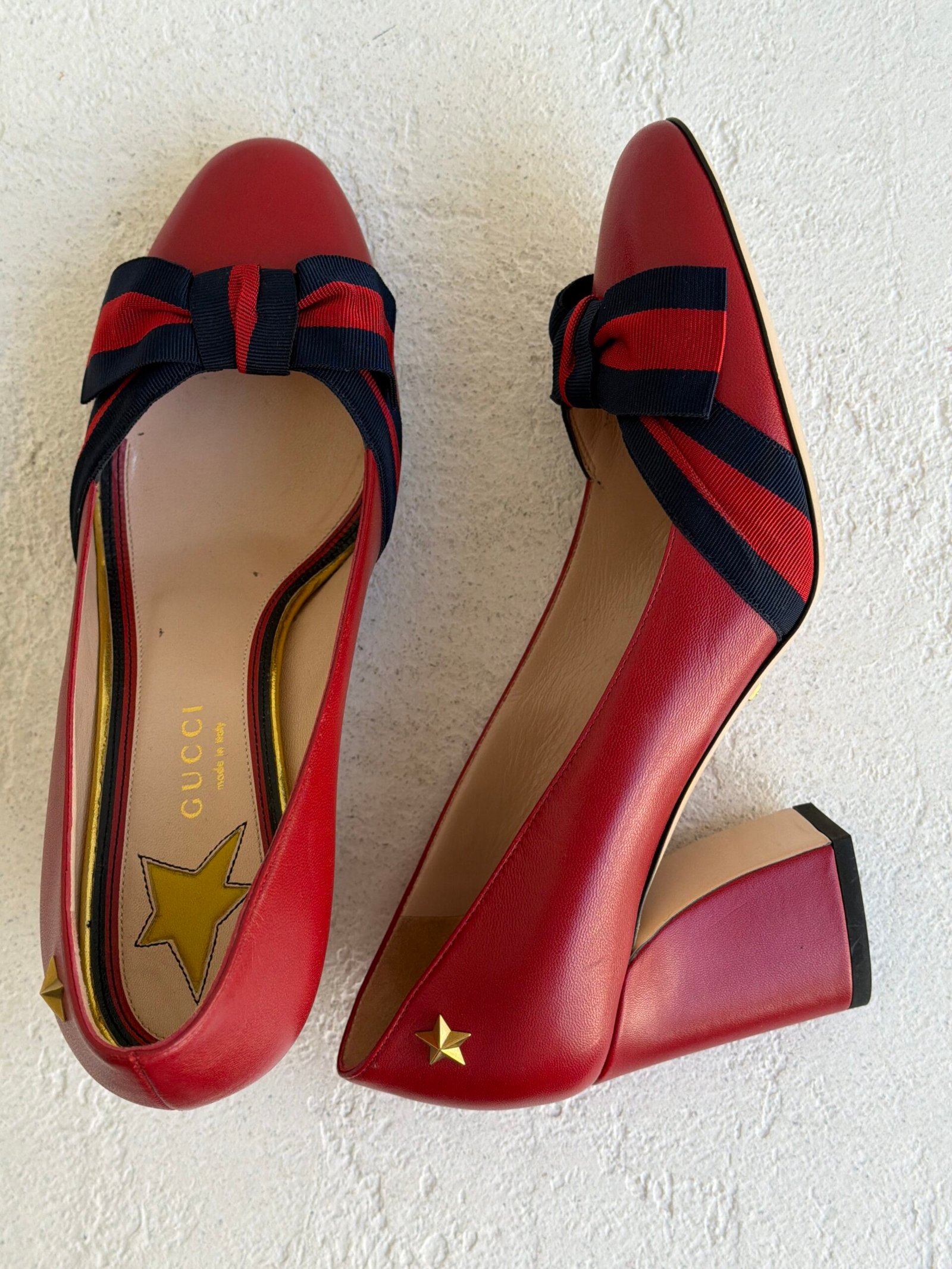 Gucci Red Leather Web Bow Block Heel Pumps - Image 12