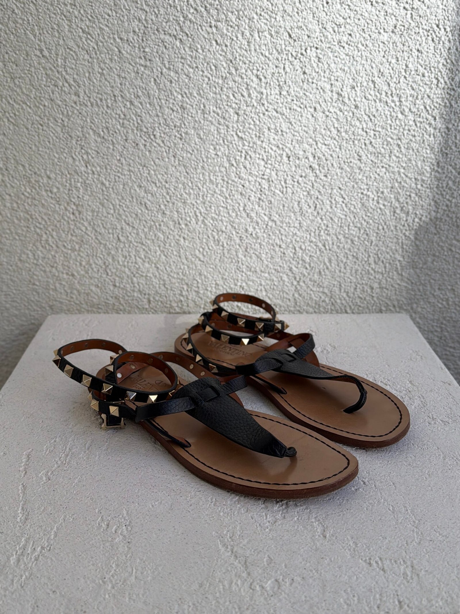 Valentino Black T Strap Leather Sandals