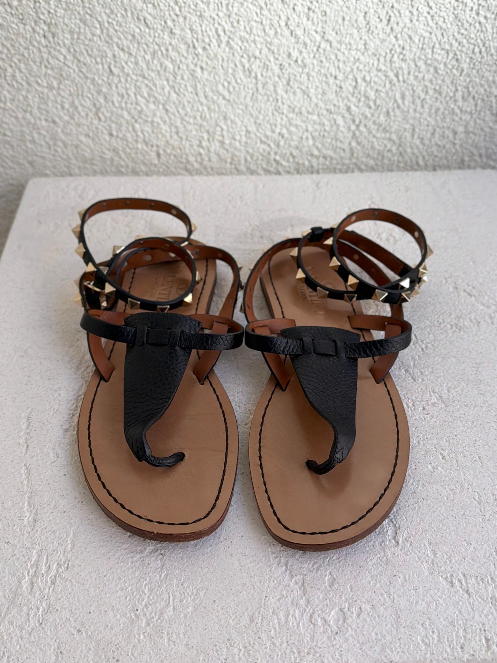 Valentino Black T Strap Leather Sandals - Image 3