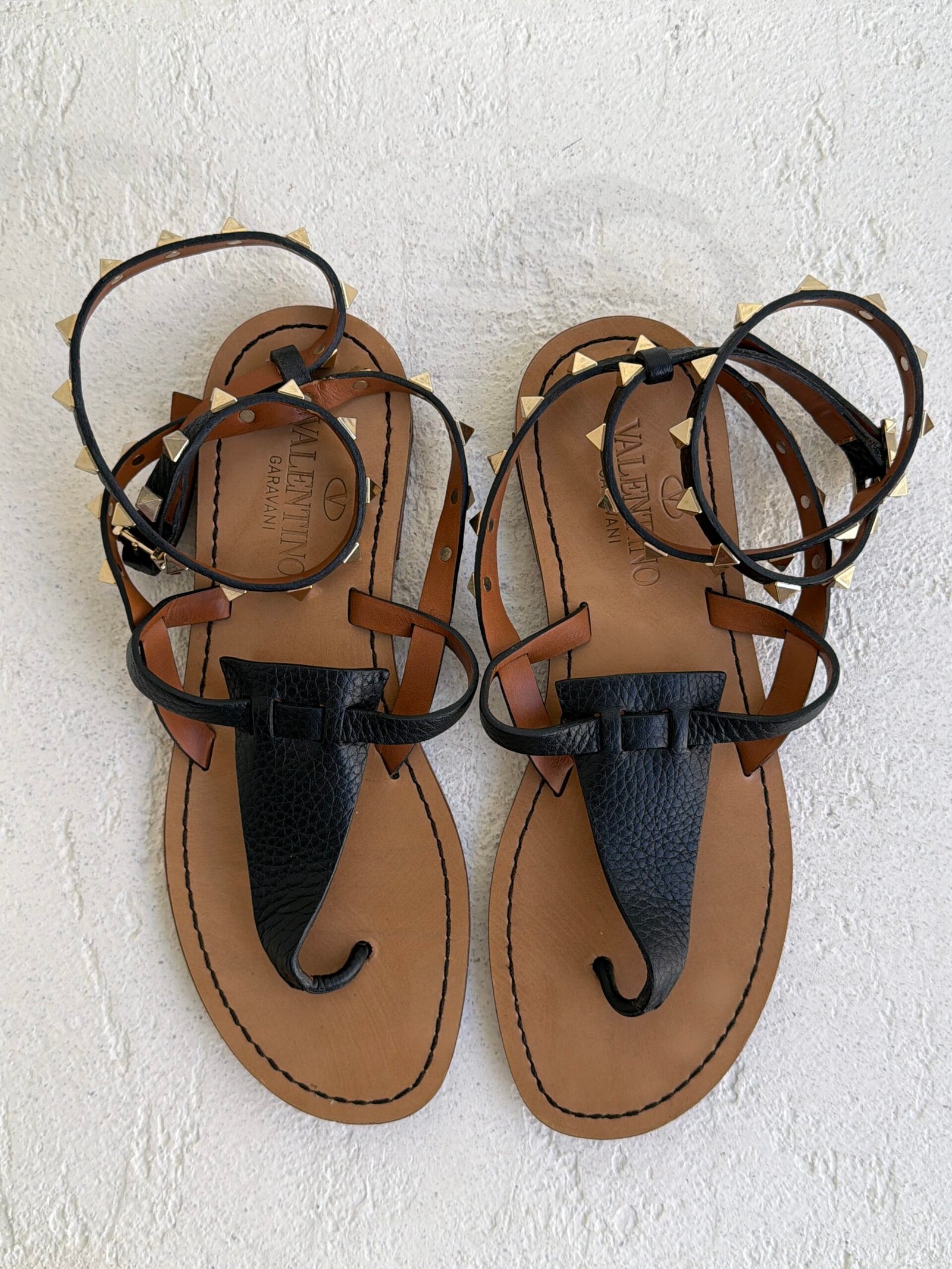 Valentino Black T Strap Leather Sandals - Image 4