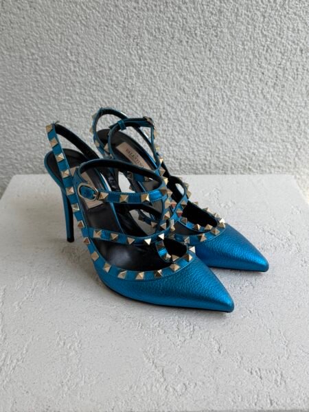 Valentino Metallic Blue Leather Rockstud Heel Sandals