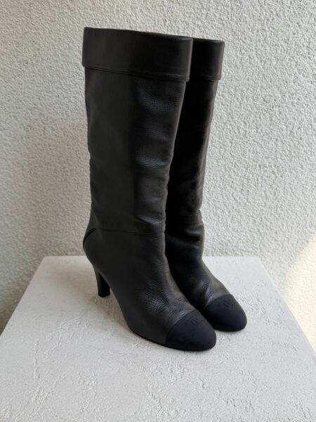 Chanel CC Toe Black Leather High Boots