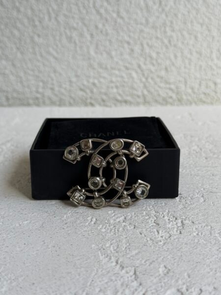 Chanel Silvertone Metal Crystal CC Brooch