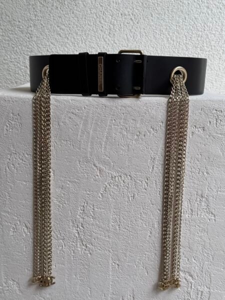 Chanel Limited Edition Black Leather Gold Chain Accent Belt 90