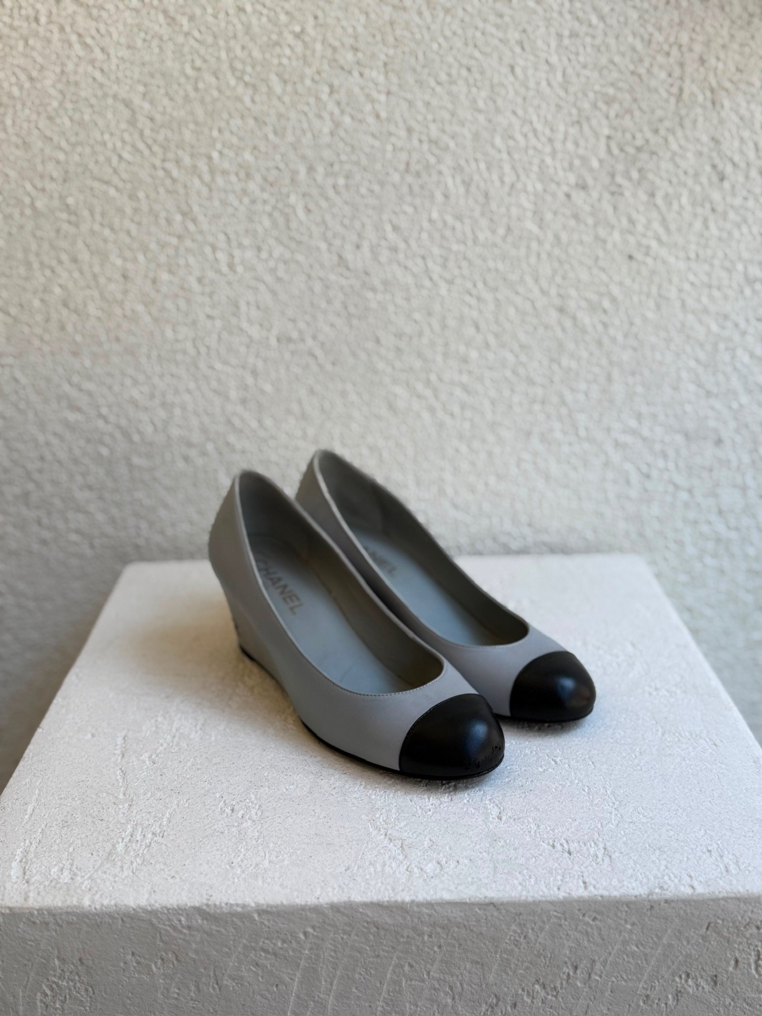 Chanel Black Toe Grey Leather Wedge Heels