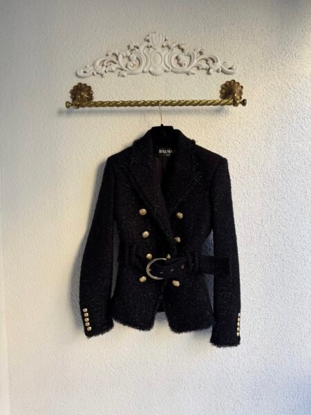 Balmain Double Breasted Gold Button Glittery Belted Blazer
