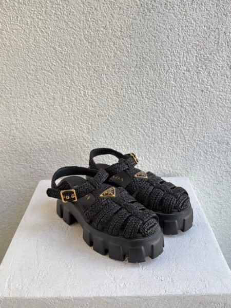 Prada Raffia Crochet Triangle Monolight Cage Sandals