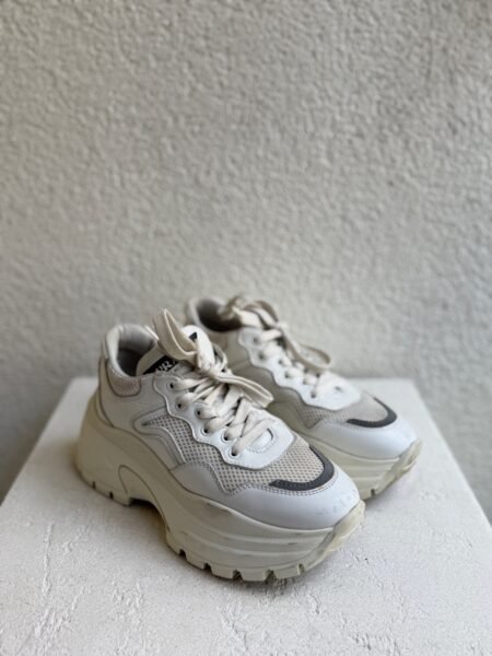 Prada White Leather and Mesh Platform Lace Up Sneaker