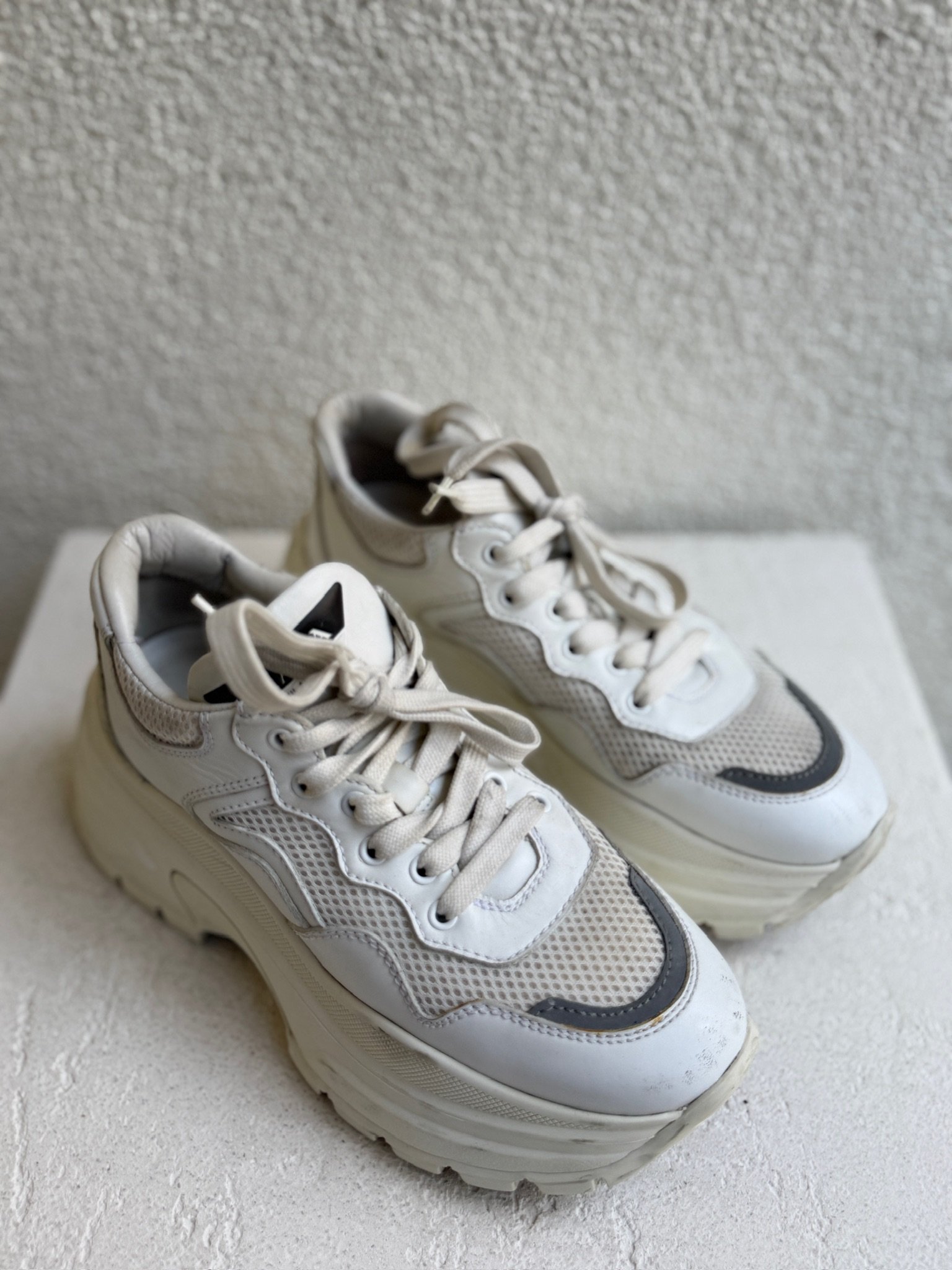 Prada White Leather and Mesh Platform Lace Up Sneaker - Image 2