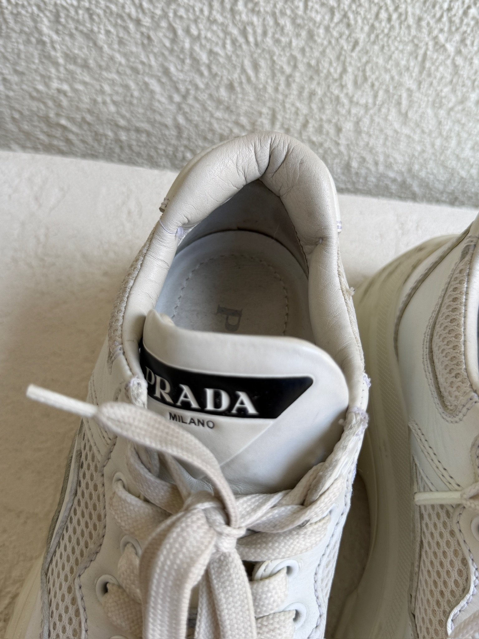 Prada White Leather and Mesh Platform Lace Up Sneaker - Image 3