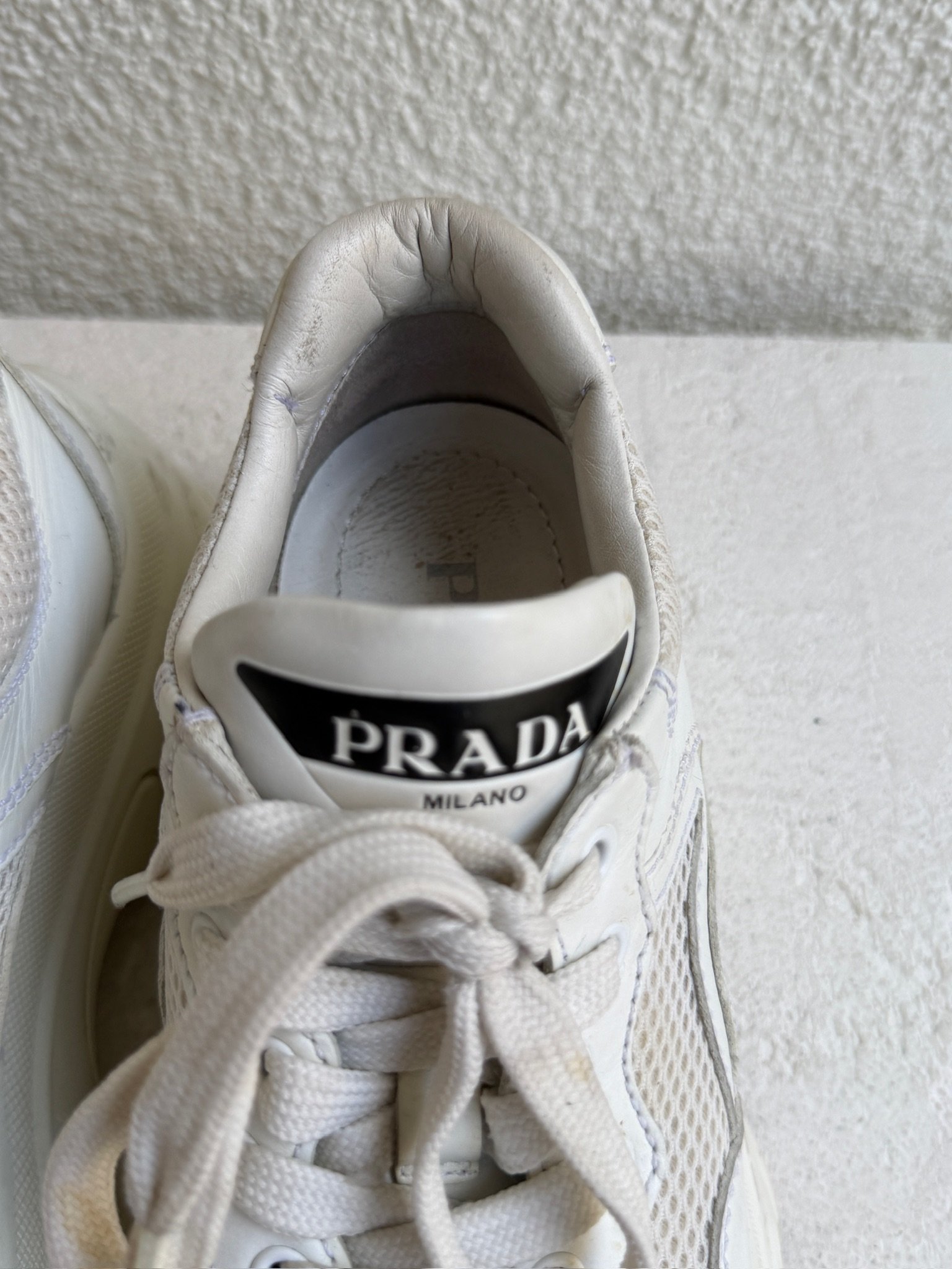 Prada White Leather and Mesh Platform Lace Up Sneaker - Image 4