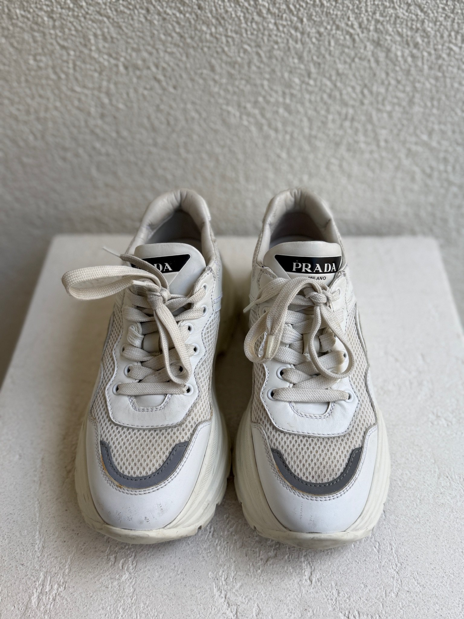 Prada White Leather and Mesh Platform Lace Up Sneaker - Image 5