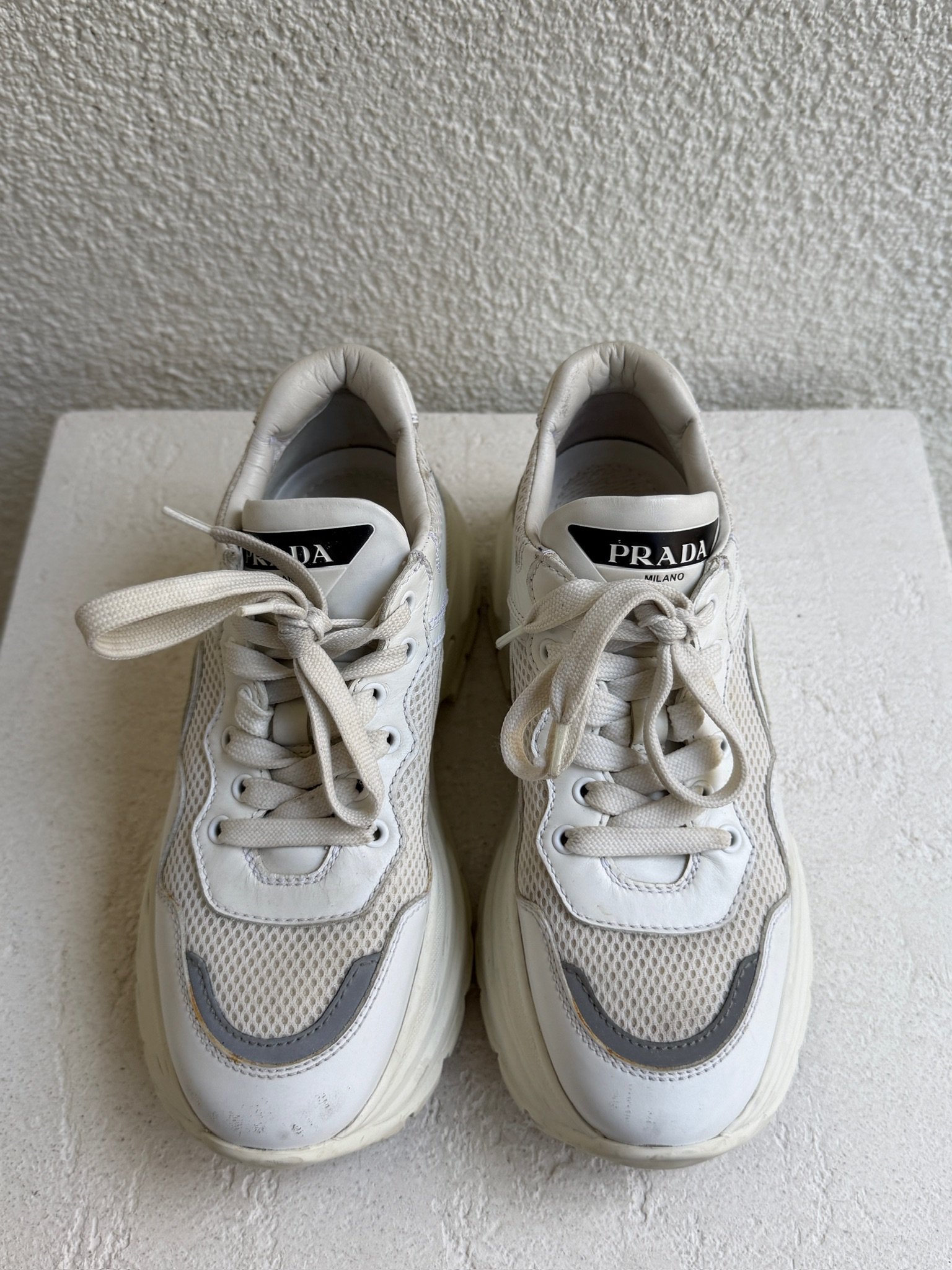 Prada White Leather and Mesh Platform Lace Up Sneaker - Image 6