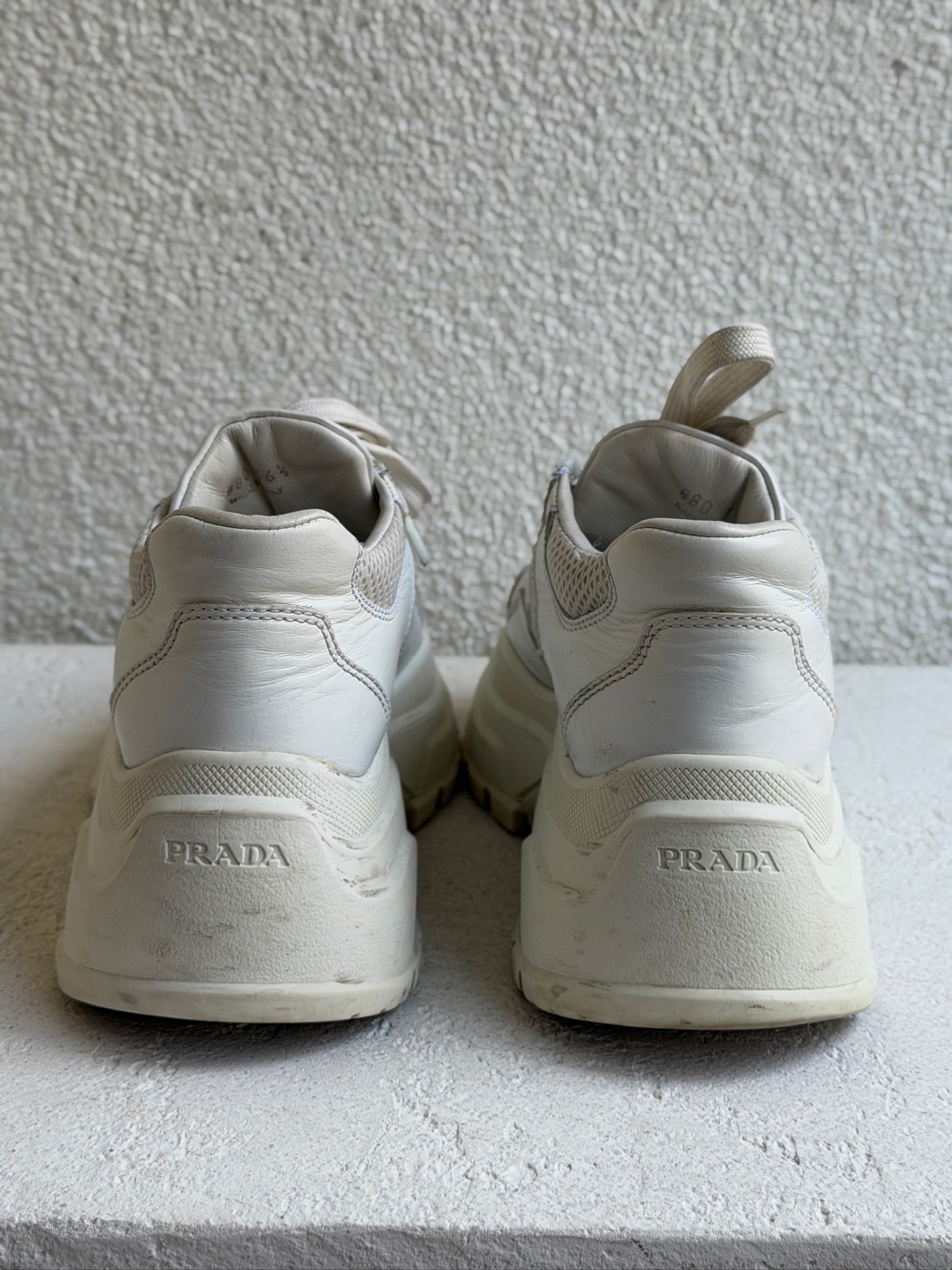 Prada White Leather and Mesh Platform Lace Up Sneaker - Image 8
