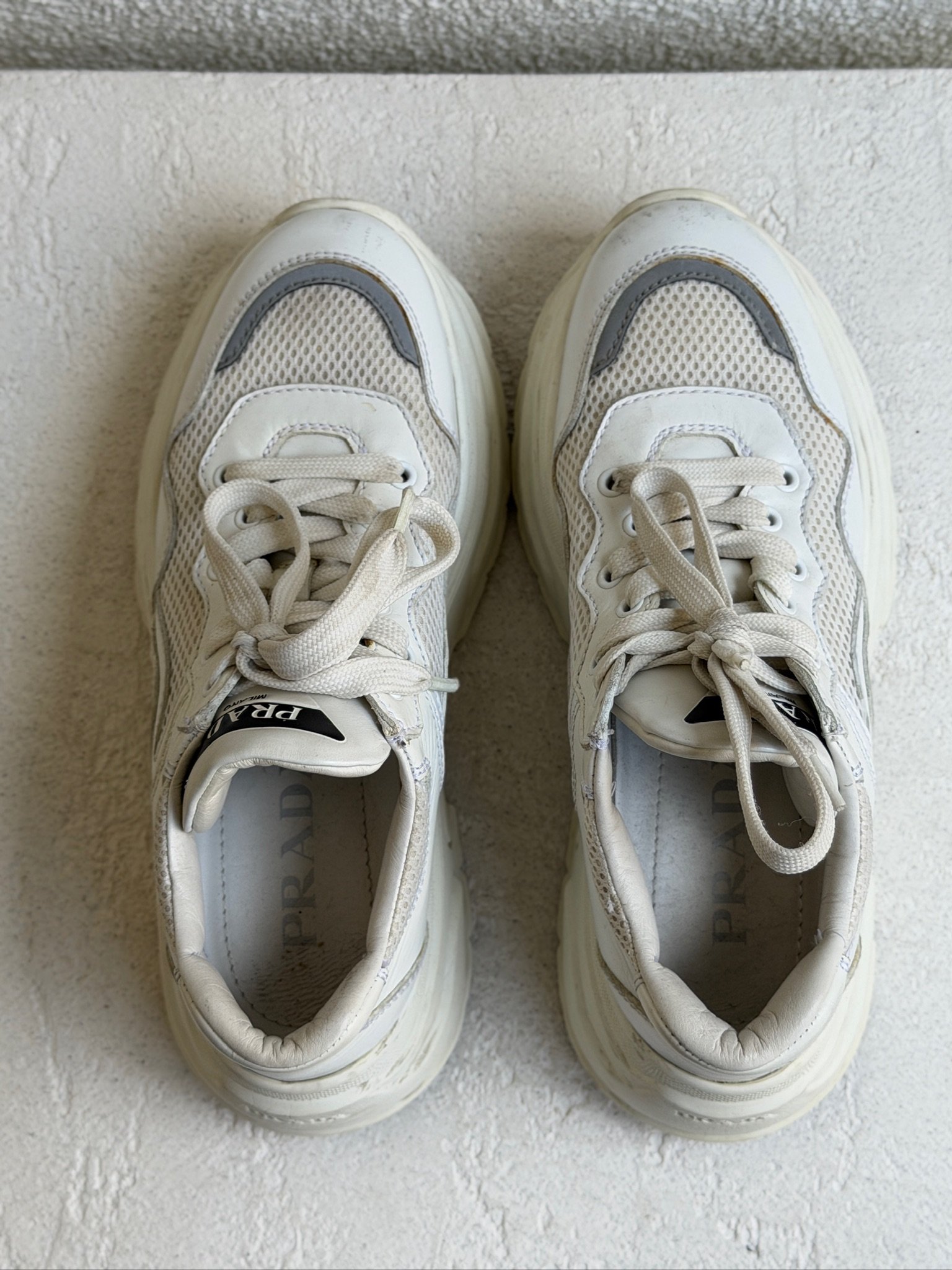 Prada White Leather and Mesh Platform Lace Up Sneaker - Image 9
