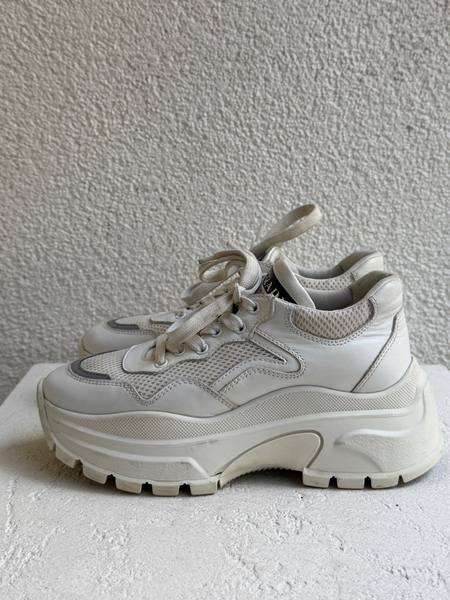 Prada White Leather and Mesh Platform Lace Up Sneaker - Image 10