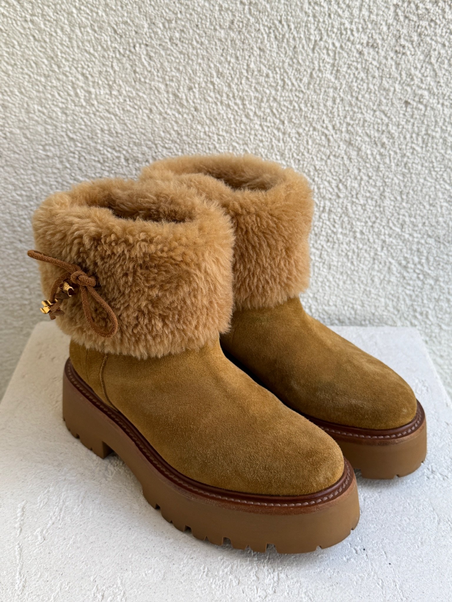 Celine Suede and Shearling Cropped Triomphe Tassels Boots - Image 2
