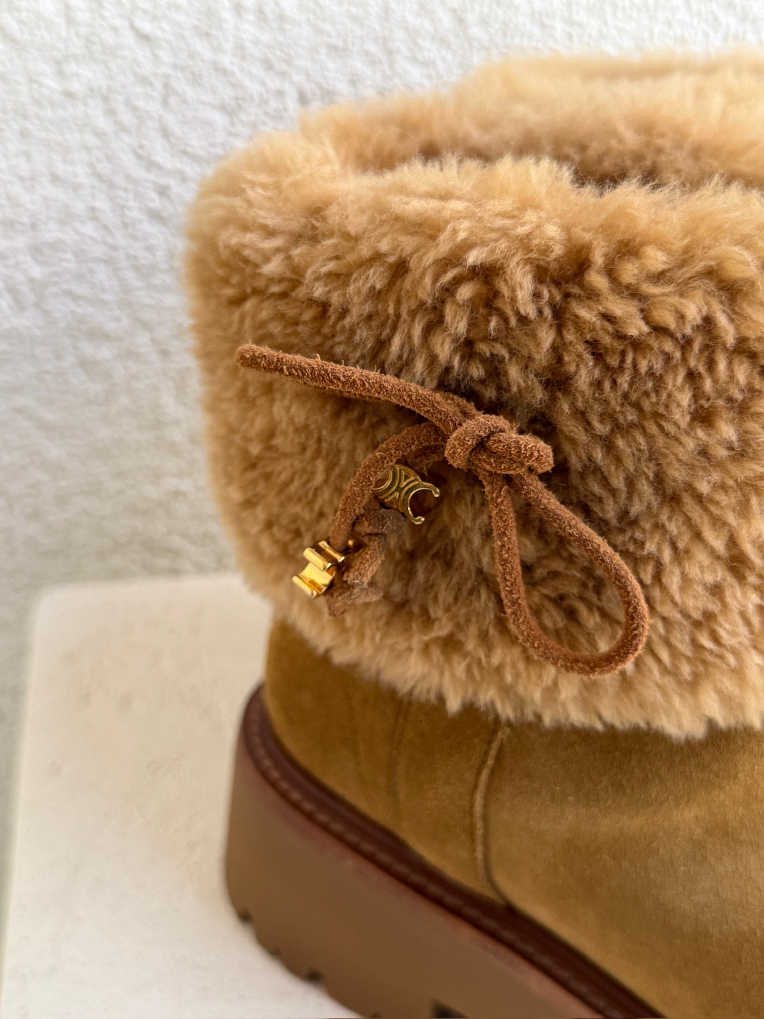 Celine Suede and Shearling Cropped Triomphe Tassels Boots - Image 3