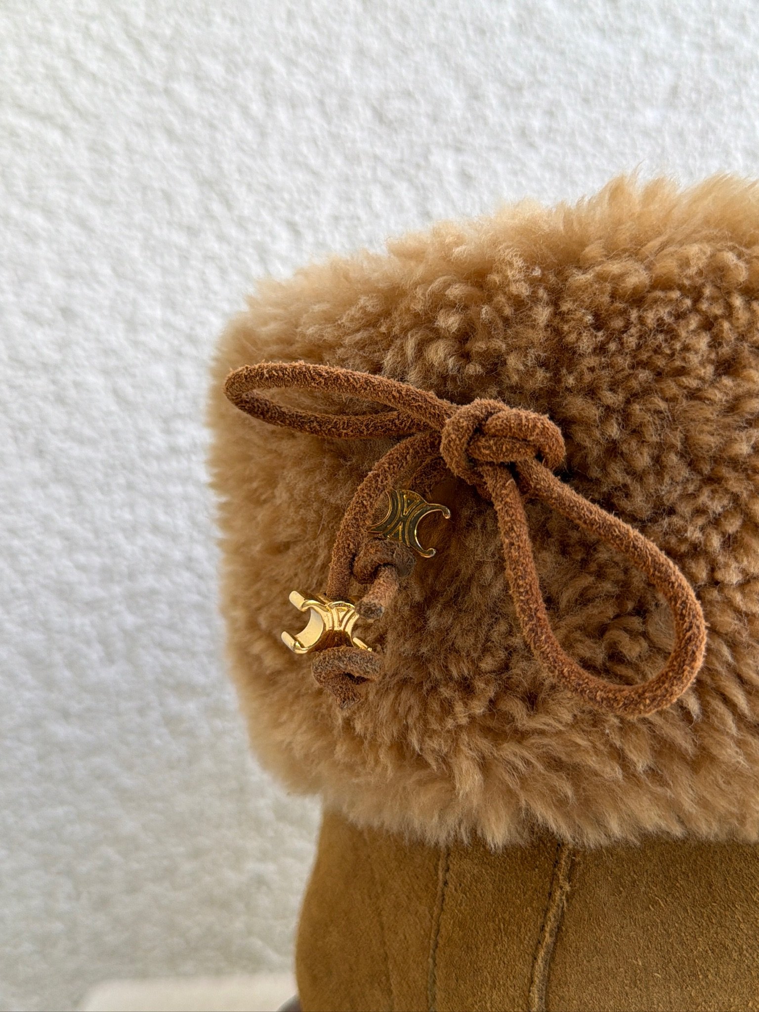 Celine Suede and Shearling Cropped Triomphe Tassels Boots - Image 4