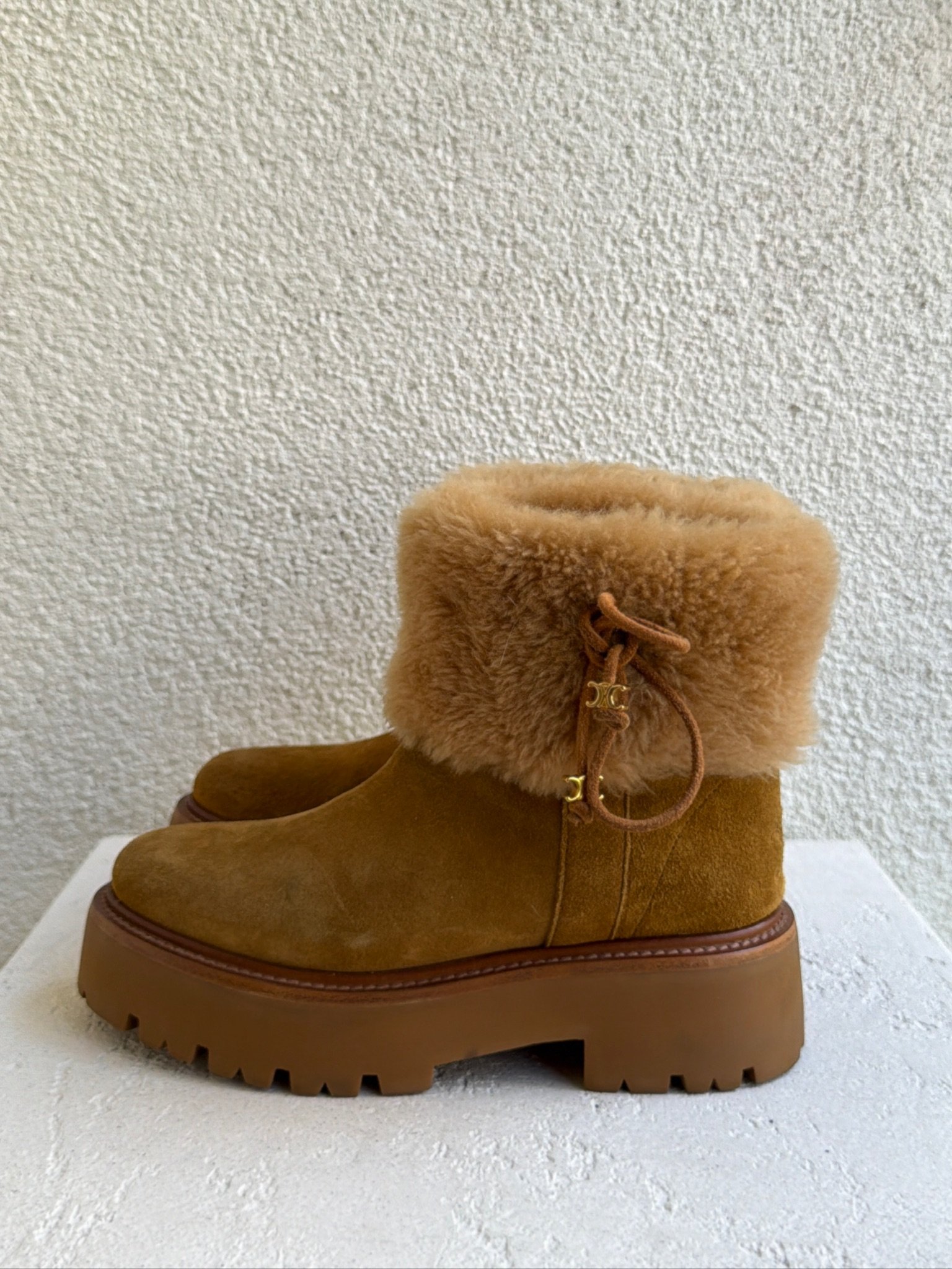 Celine Suede and Shearling Cropped Triomphe Tassels Boots - Image 7