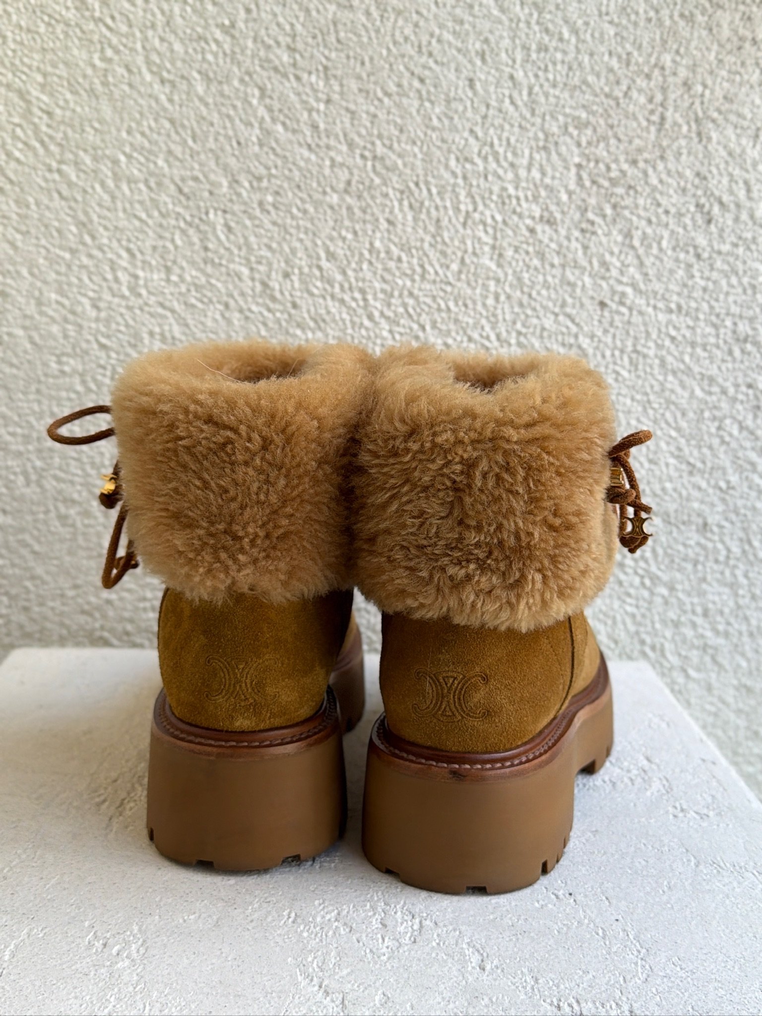 Celine Suede and Shearling Cropped Triomphe Tassels Boots - Image 8