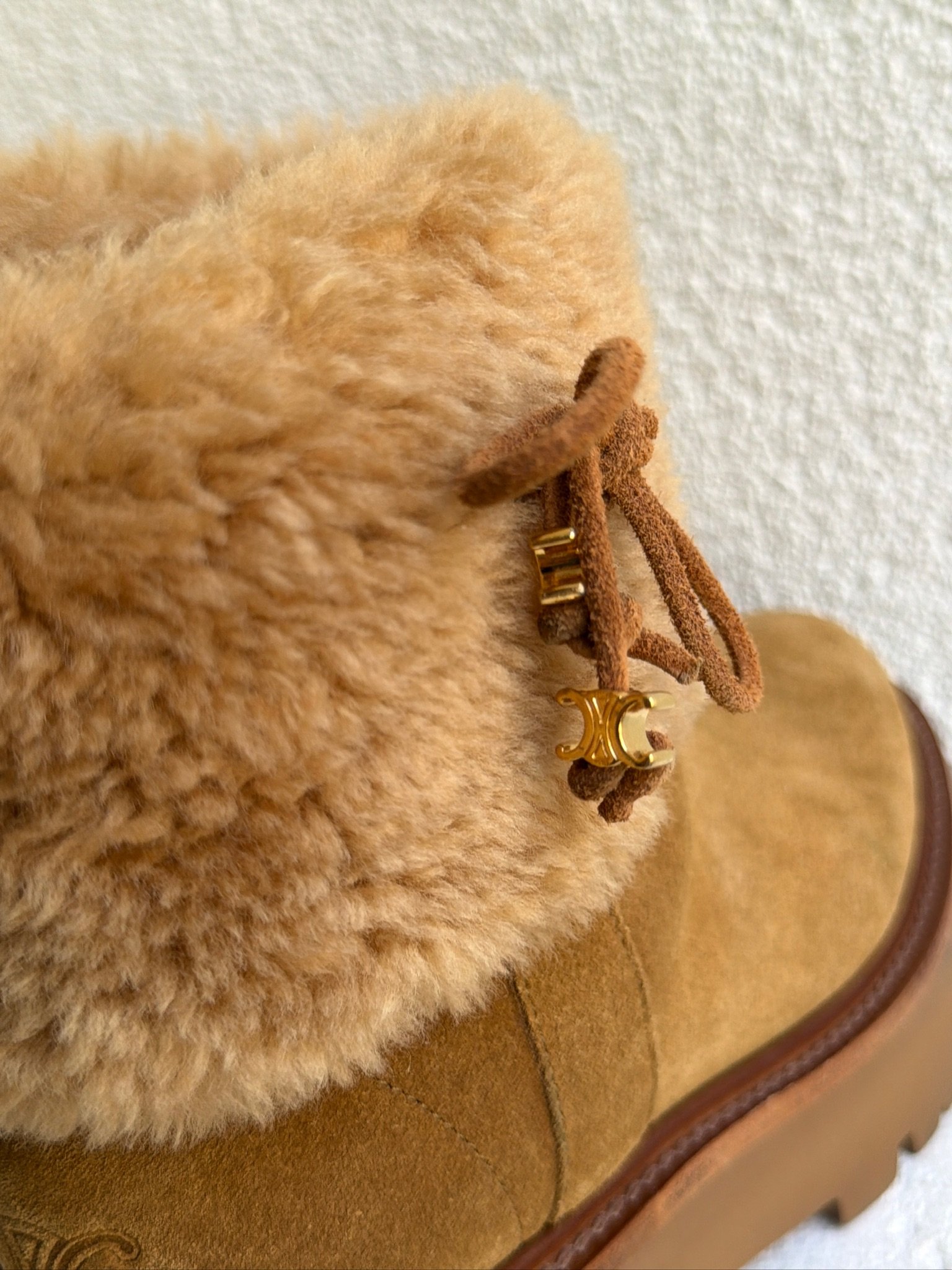 Celine Suede and Shearling Cropped Triomphe Tassels Boots - Image 10