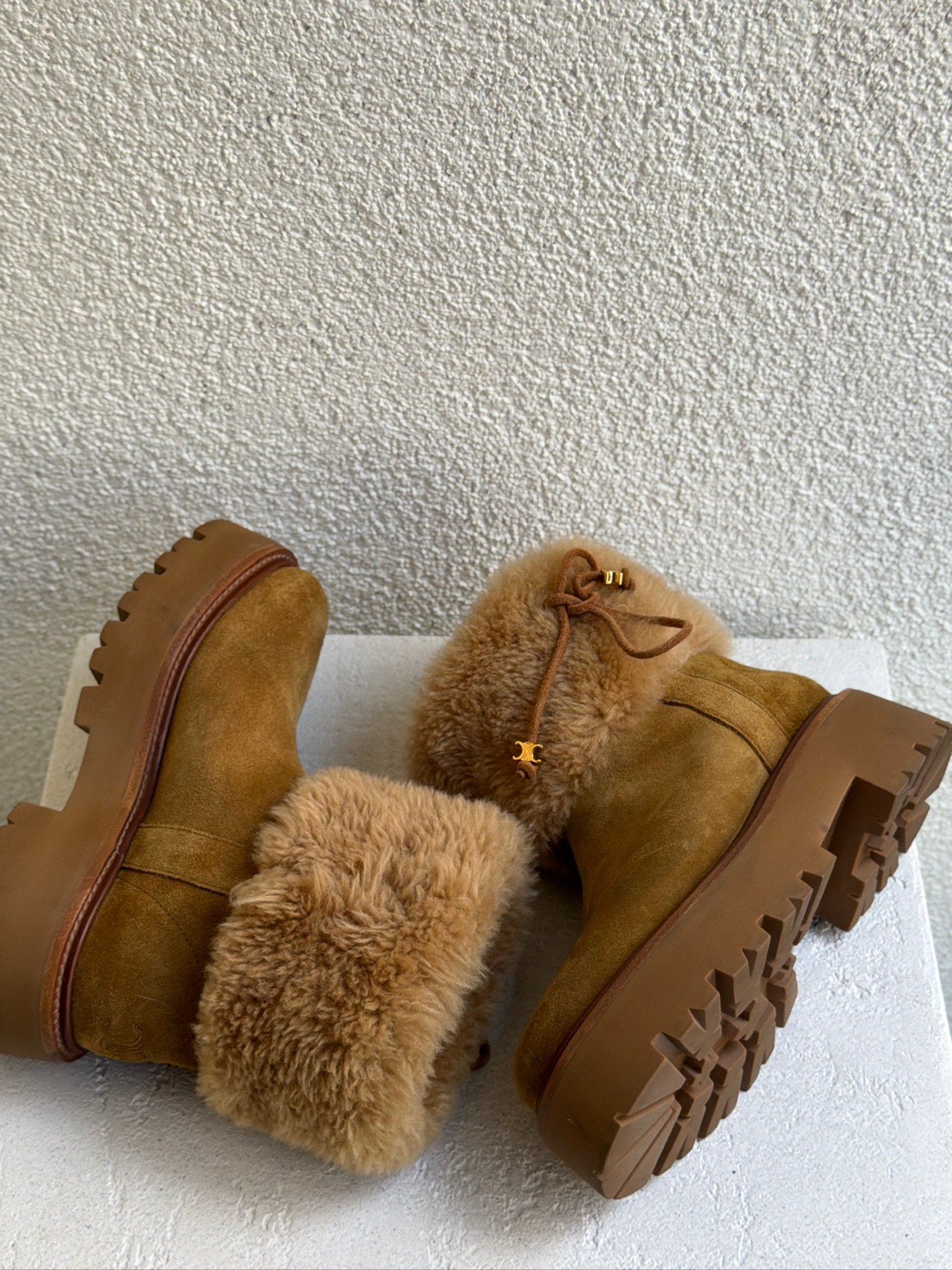 Celine Suede and Shearling Cropped Triomphe Tassels Boots - Image 16