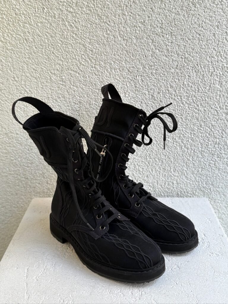 Fendi Mesh Canvas Embroidered Womens Lace Up Boots